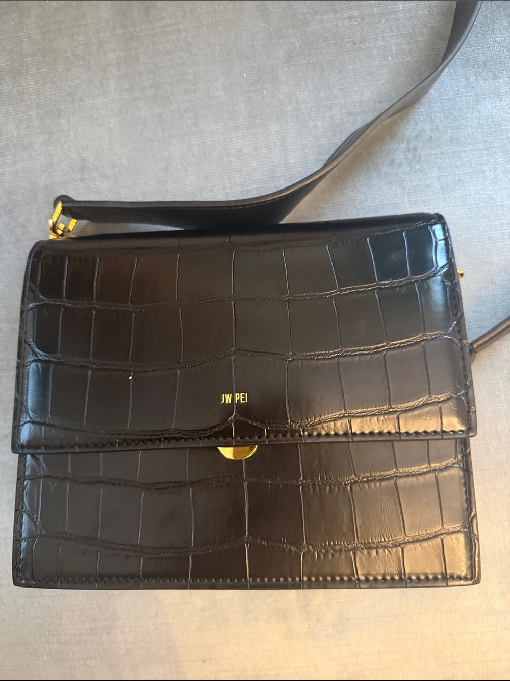JW PEI Black Croc-Embossed Crossbody Bag with Gold Hardware